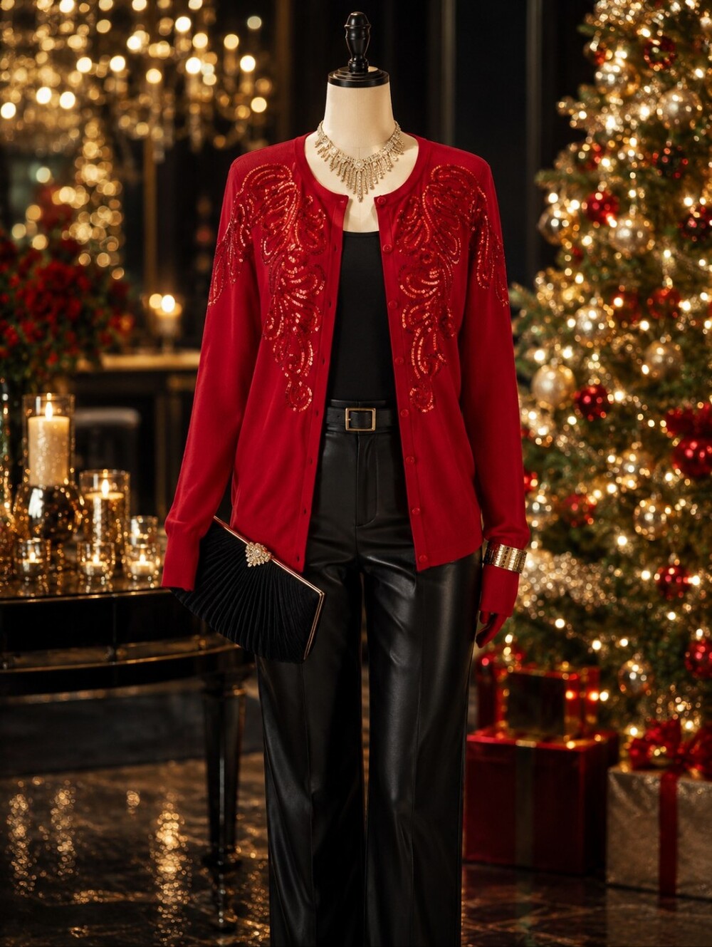 Bob Mackie Wearable Art Red Sequin Holiday Cardigan M